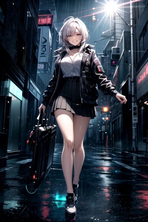 Skirt, Grinning, Cyberpunk City AI Porn