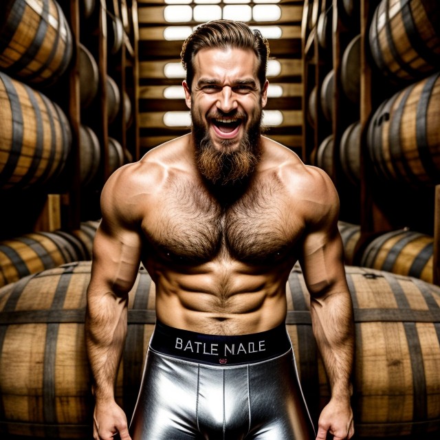 Muscular Masculine Man, Old Wooden Furniture, Mouth Open AI Gay Porn