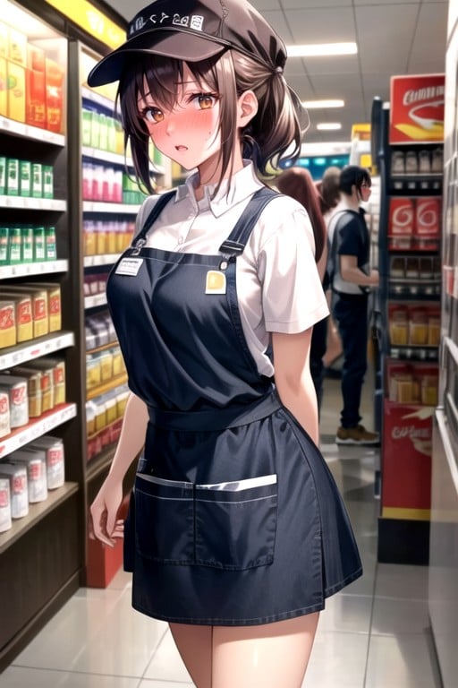 Embarrassed , Convenince Store Worker, Arms Behind Back AI Porn