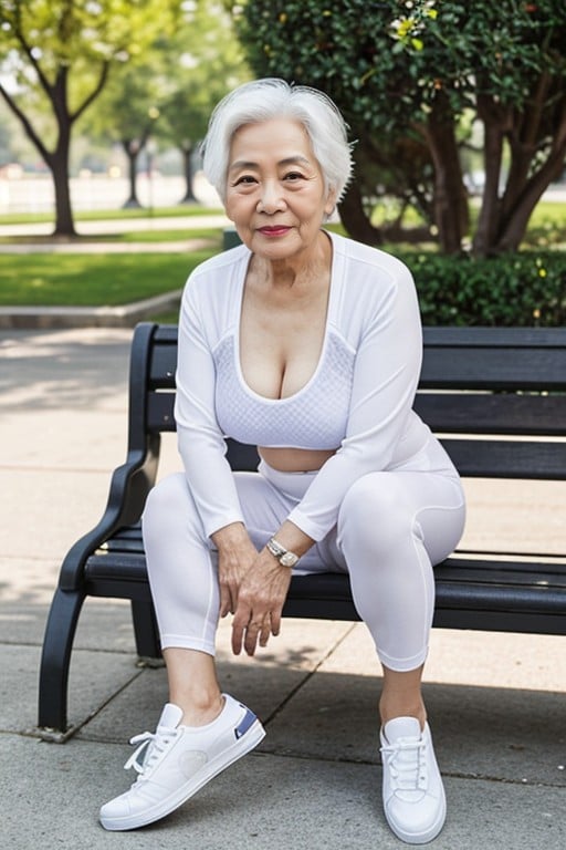 Cheveux Blancs, Year Old Asian Woman, Wearing Black Spandex SPorno IA