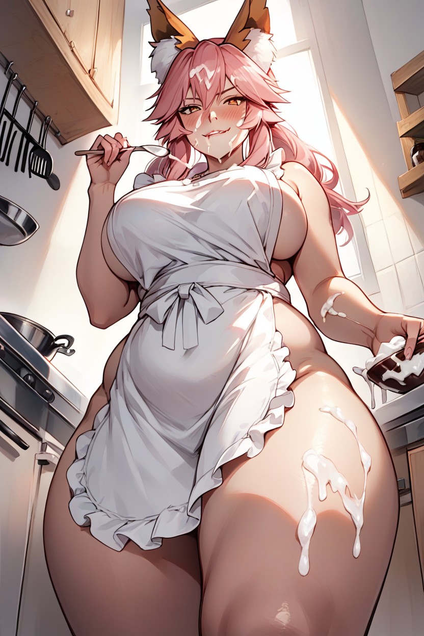 Naked, Bottom Up, Holding Wooden Spoon Full Of White Frosting Hentai AI Porn