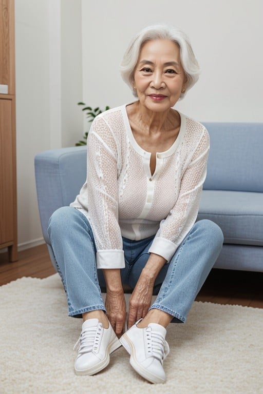 60+, And Wearing All White Keds Leather Sneakers Breasts Sitting On Carpet In Living Room Seductive Smirk Full Body View With Sneakers In Frame Hands Caressing All White Keds Sneakers, Year Old Asian Woman Pornografia de IA