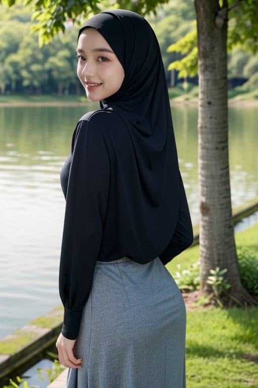 Smiling Mouth Open, Hijab, Rear View AI Porn