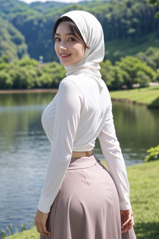 Sorrindo Com A Boca Aberta, Hijab, Vista Frontal Pornografia de IA