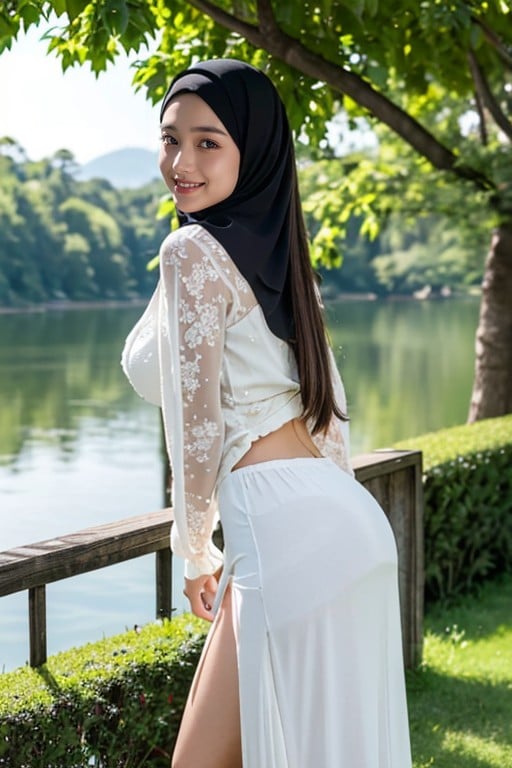 Vista Frontal, Hijab, Lago Pornografia de IA