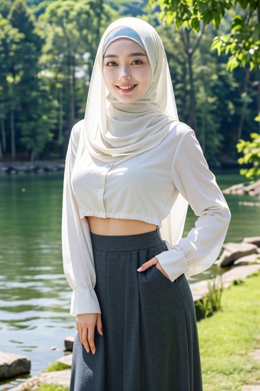 Smiling Mouth Open, Lake, Long Skirt AI Porn