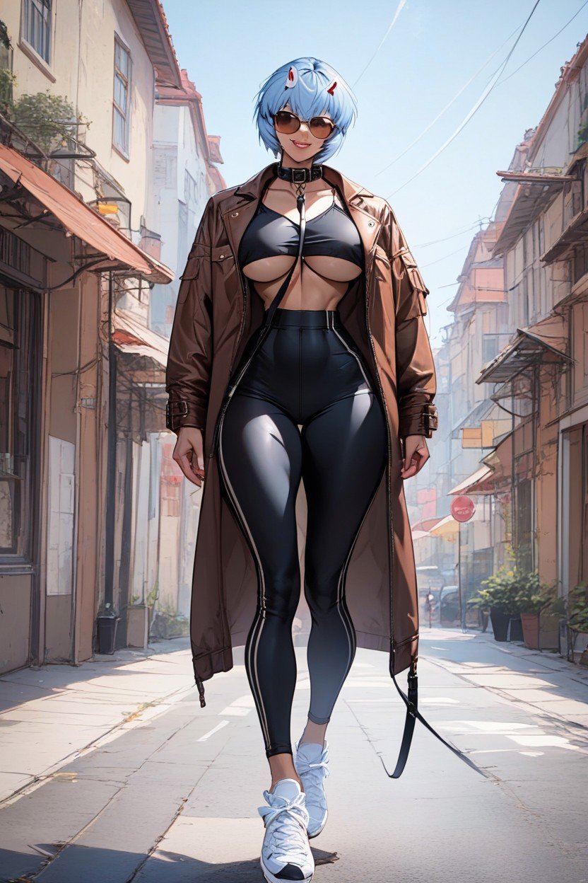 Ayanami Rei Blue Hair Hairstyle Slut Full Lips Beautiful Face Thick Long Legs Thick Curvy Wide Hips Narrow Waist Waist Waist Huge Natural Tits Black Pet Collar With Leash, Pecho Inferior Visible, Luz VolumétricaPorno AI