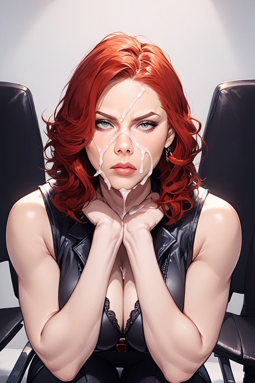 Black Widow From Marvel Wearing A Black Full Body Bodysuit, Disappointed Expression, Крупный План ИИ порно