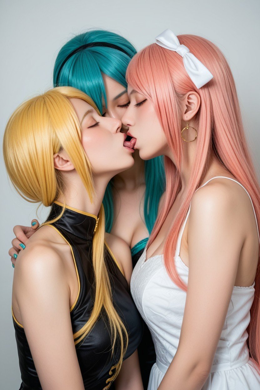 Hatsune Mikuaqua Hairfrom Vocaloid, Threesome, Футанари ИИ гей порно