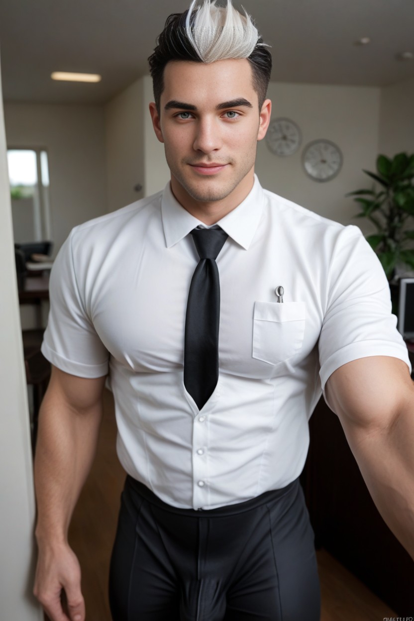 Massive White Streak In Hair, Full View, Cock Bulge AI Gay Porn