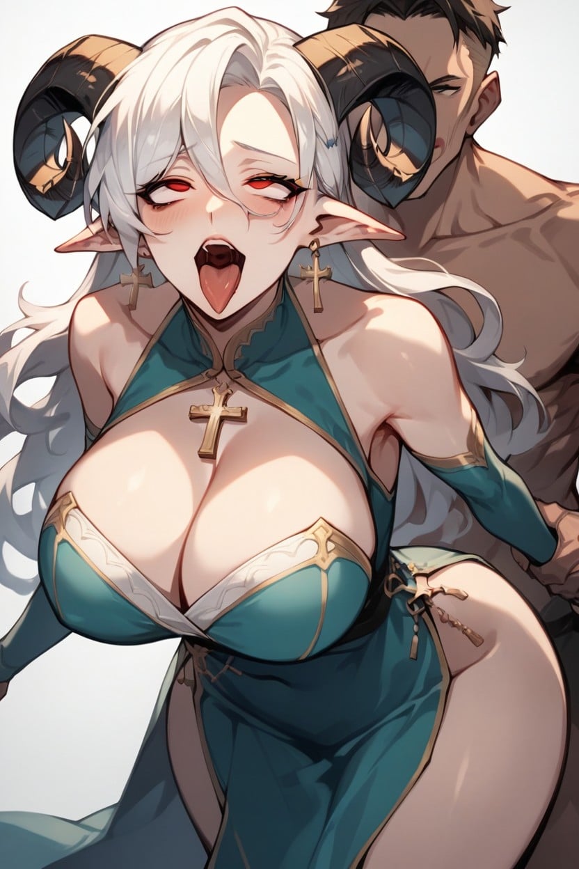 Alongside A Couple Of Eye Patterns Ahegao Face, Yuuma Has White Hair And Red Sheep Horns With Blue Ribbons Tied Around Them She Has Red Eyes With Horizontal Pupils And Pointy Ears Decorated With Silver Earrings Her Teeth Appear To Be Notably Sharp She Wears A Teal Dress With Red Half-attached Arm Sleeves The Skirt Is Decorated With A Meander Pattern, Large Breast Shemale AI Porn