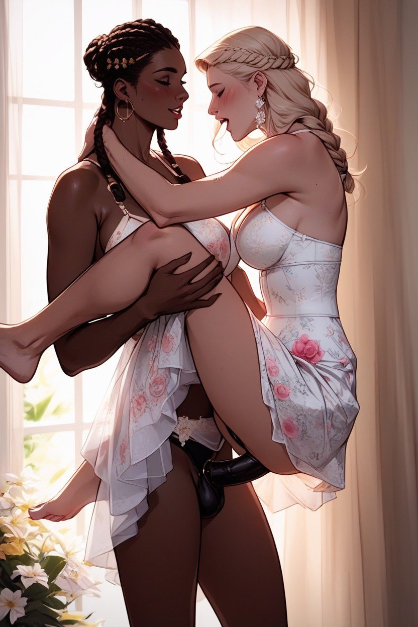 Tall Huge Towering Blonde White Girl Fucking African Femme Girly Wife, Floral Sundress, Lesbian Strap On AI Porn