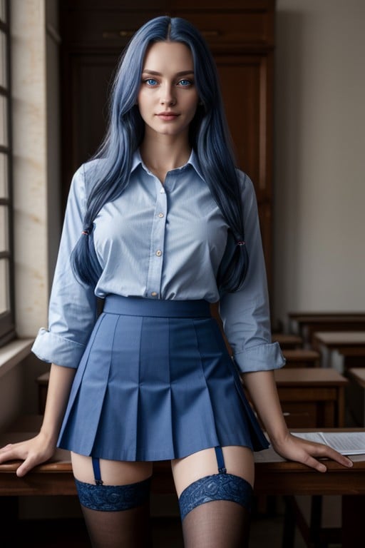 Girl, Skirt, Long Blue Hair AI Porn