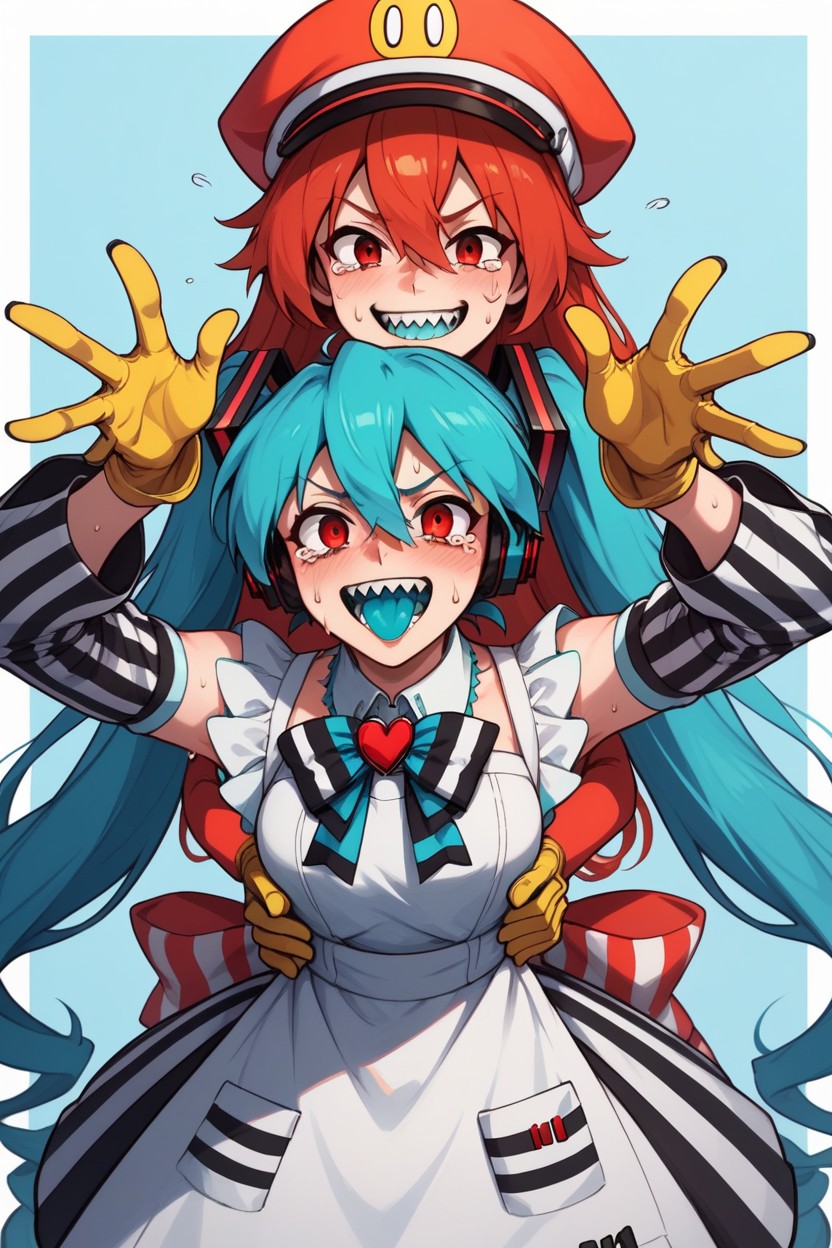 Lesbians, Vertical Striped Dress, Outstretched Arms Hentai AI Porn