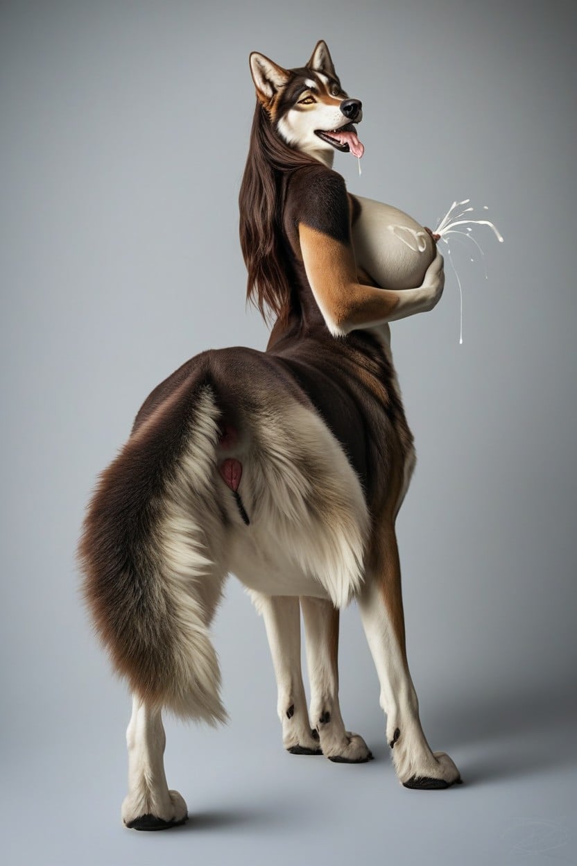 Lots Of Cum In Mouth, Yellow Eyes, Furry Taur Wolf Furry AI Porn