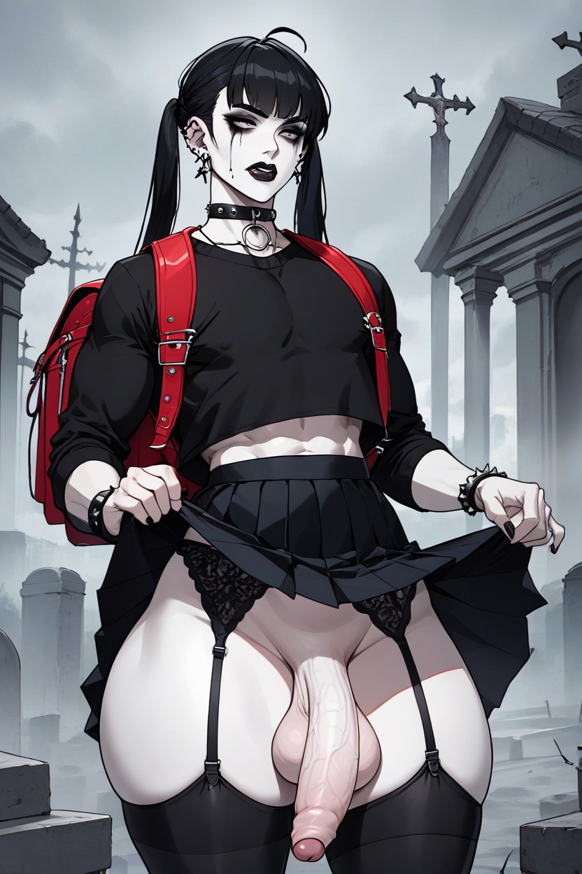 Cemetery, Dark Lipstick, Pleated Mini Skirt AI Gay Porn