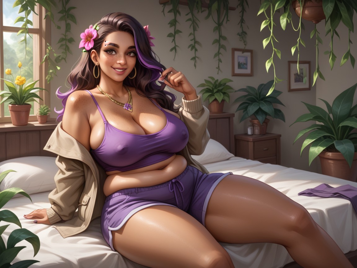 Lots Of Flora In Background, Hard Shadow, Freckles On Body Hentai AI Porn