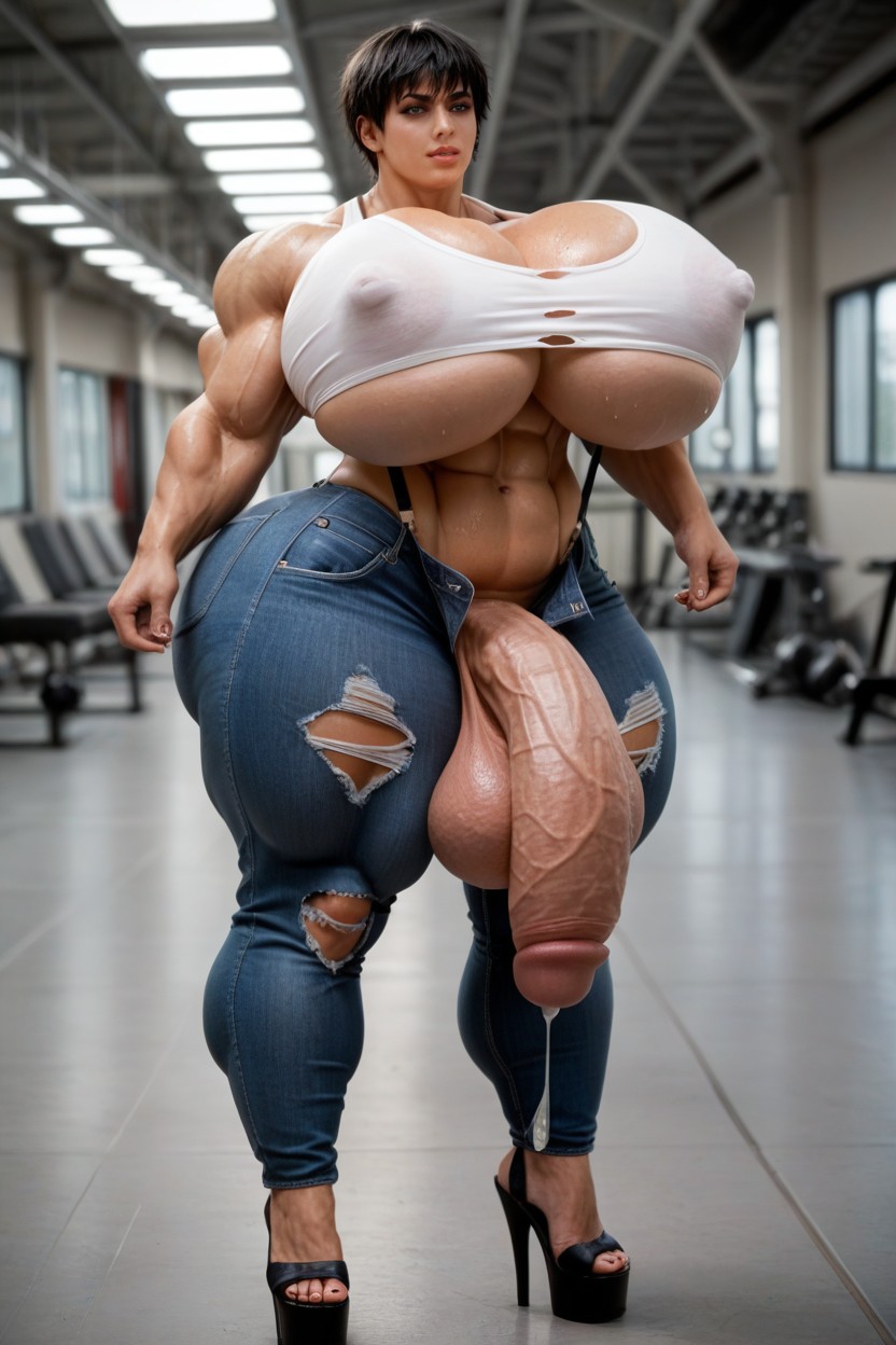 Torn Jeanshuge Muscles, Muscular Woman, Bulging Cock Shemale AI Porn