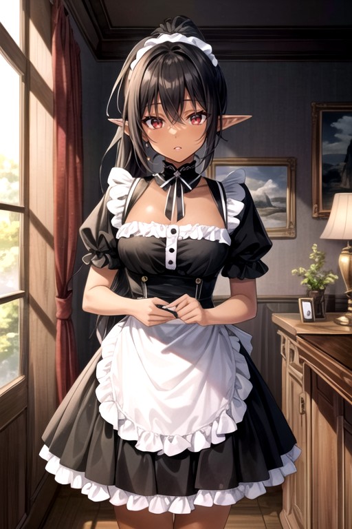 Dark Brown Skin, French Maid, Red Eyes AI Porn