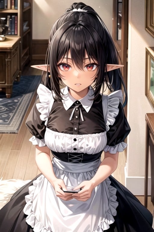 Elf Ears, Black Hair, French Maid AI Porn