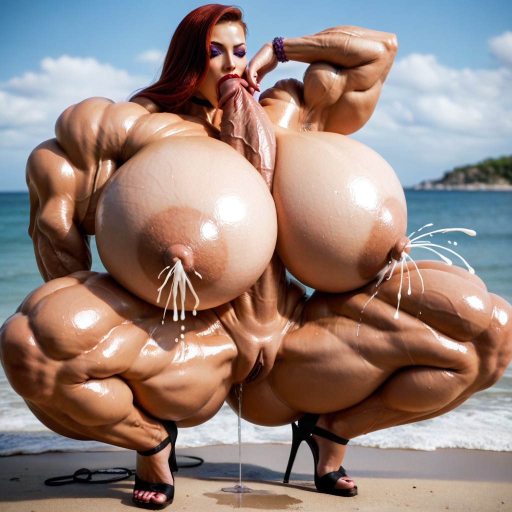 Gigantic Ripped Muscles, Beautiful Sexy Feminine Face, Extremely Detailed Shemale AI Porn