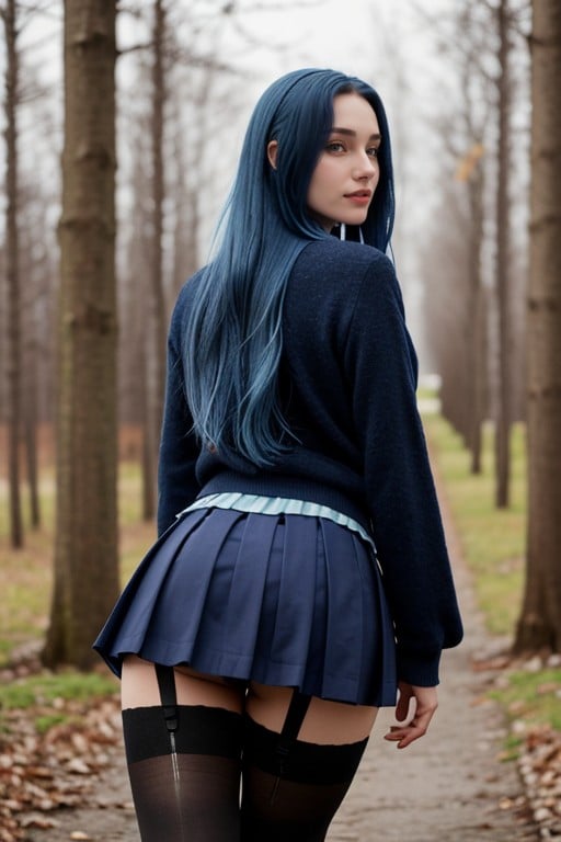 From Behind, Long Bright Blue Hair, School Uniform Pornografia de IA