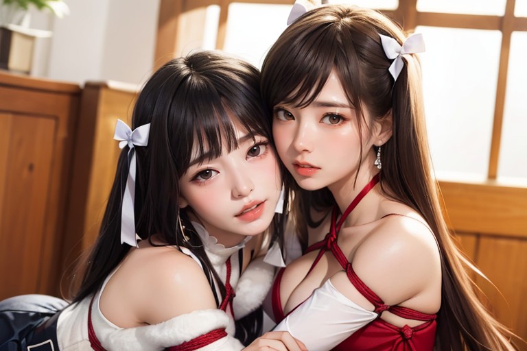 Open Mouth, Bangs, Two Girls Hugging AI Porn