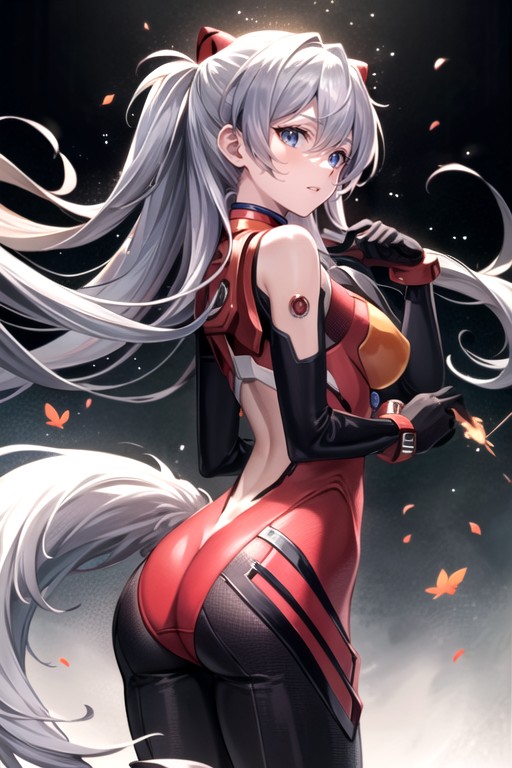 アスカ (エヴァンゲリオン), Big White Fox Ears Silver Hair Voluminous Hairstyle Waist Length White Gloves With A Red Pattern Black Linear Striped Sweater From Shoulders To Chest To Vagina White Bow Belt In The Shape Of A Butterfly A Red Tie With A Black Pattern Simple Background Autumn Standing A Silver Scarf Covering Half Your Face Red And White Arm Sleeves Long Dangling Pointy Sleeves Body Vaginal Incision Athletic Body Highlighted Butt Red Eyes With A Spark InsideAIポルノ