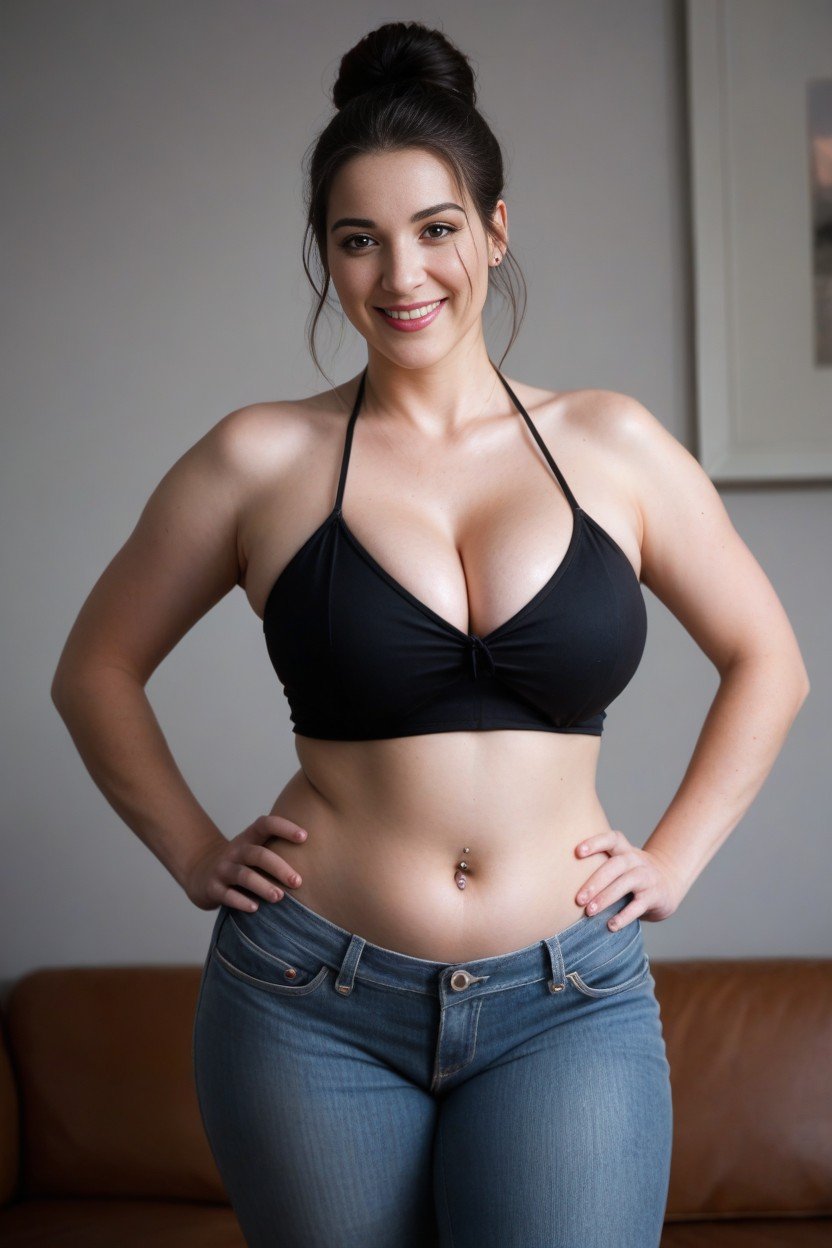 Wearing Extremely Black Bikini Top, Hands On Hips, Wearing Tight Low Jeans Pornografia de IA