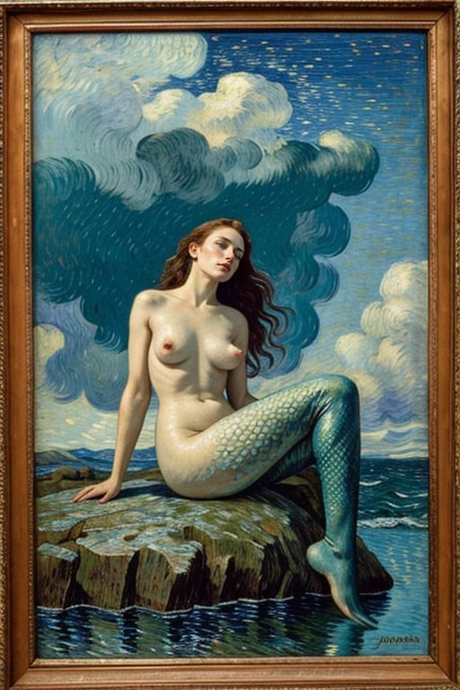 One Perfect Mermaid Tail On Cracked Vintage Paper, Focus On Perfect Eyes, Clouds AI Porn