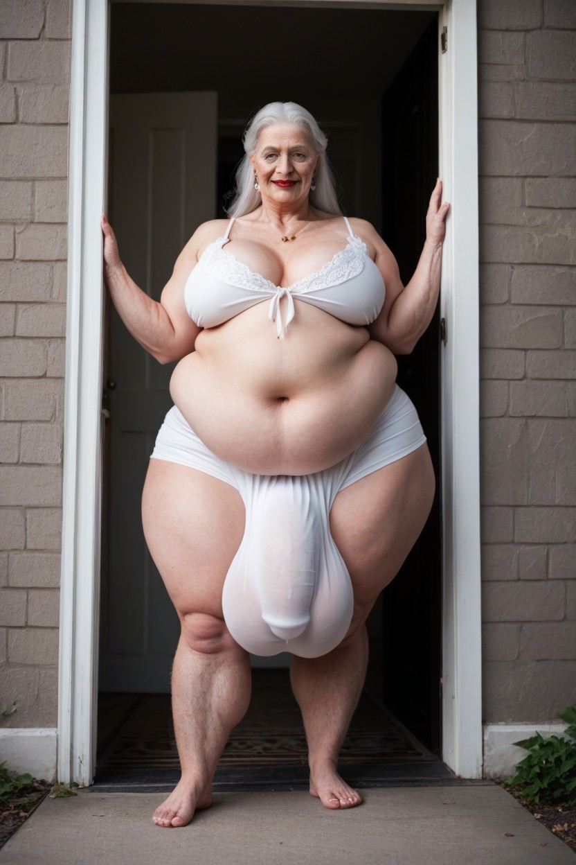 Standing On Her Front Porch, Grinning, Designed Pajamas Shemale AI Porn