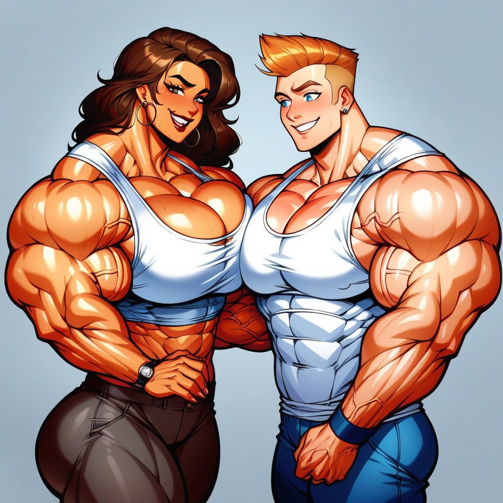 Big Pec Veins, Hips, Big Muscle Female And Man AI Porn