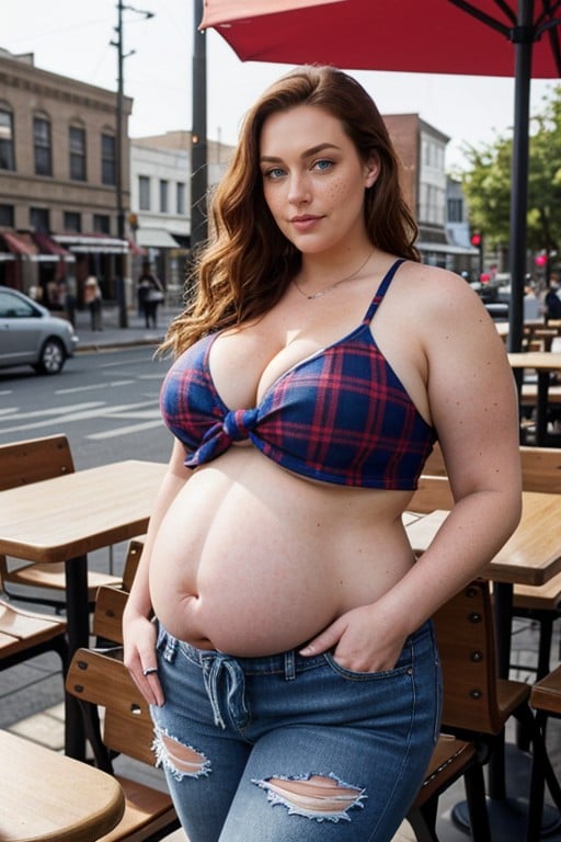 Wavy Auburn Hair, 20+, So Bloated She Looks Pregnantwearing Tied Plaid Crop TopAI黃片