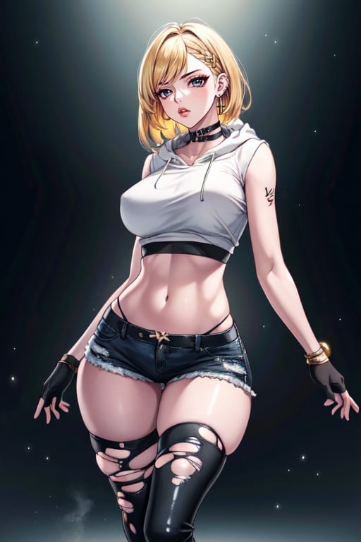 網タイツ, Wearing Ripped And Torn Jeans With Fishnets Showing, 指なし手袋AIポルノ