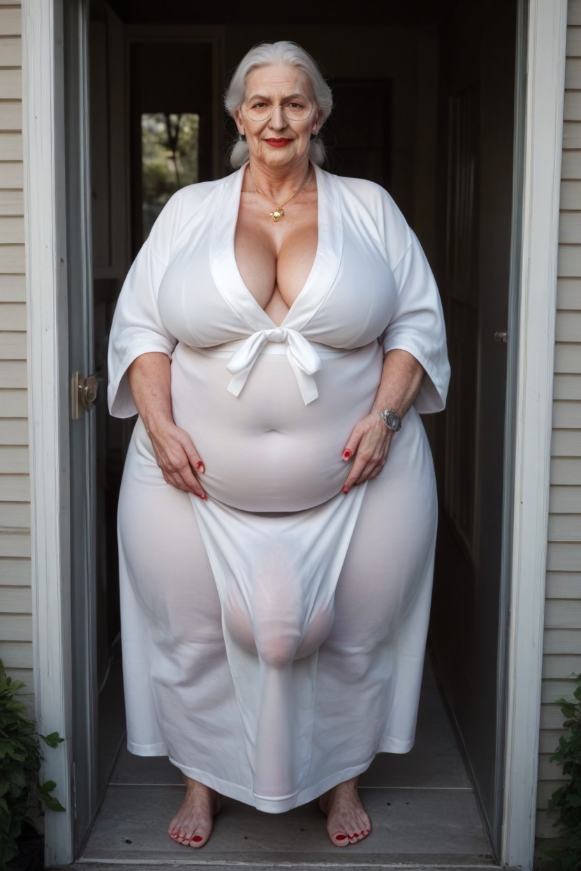 Huge Bulge Under Clothing, Bathrobe, White Hair Shemale AI Porn