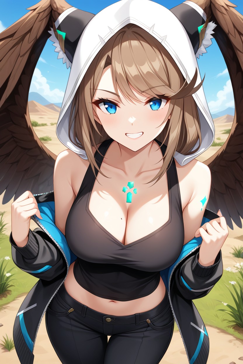 Big Ass, 特写照片, Eunie From Xenoblade Chronicles Black Jacket Black Pants Black Shirt Blue Eyes Breast Tattoo Breasts Brown Hair Cleavage Collarbone Grin White Head Wings Hood Hood Down Hooded Jacket Jacket Long Hair Looking At Viewer Open Clothes Open Jacket Pants Shirt Sleeveless Sleeveless Shirt Smile Solo Swept Bangs Tattoo Thick Thighs AI同性恋黄片