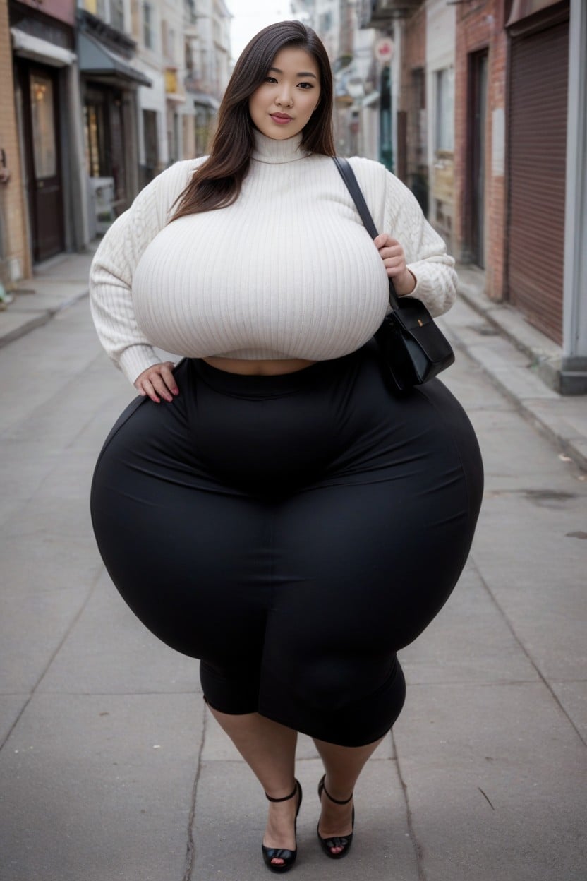 Disproportionately Large Breasts Reaches Thighs, Asian Woman, Gigantic Ass AI Porn