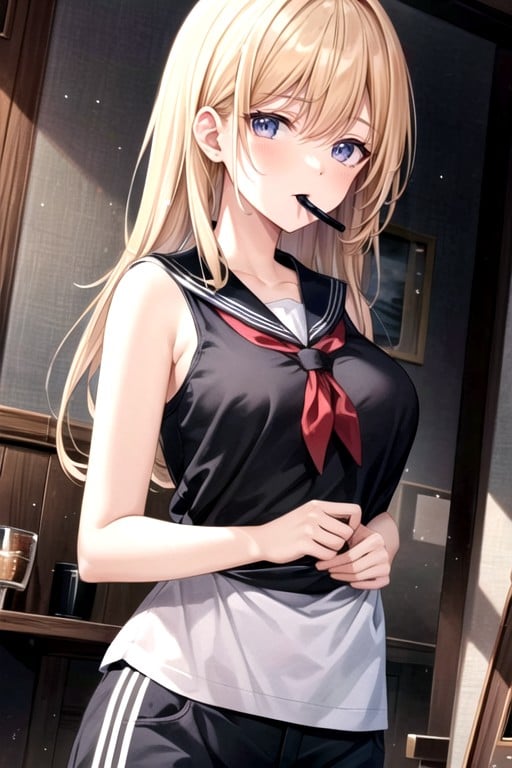 Mouth Agape, Sailor Uniform, Sleeveless T-shirt Hentai AI Porn