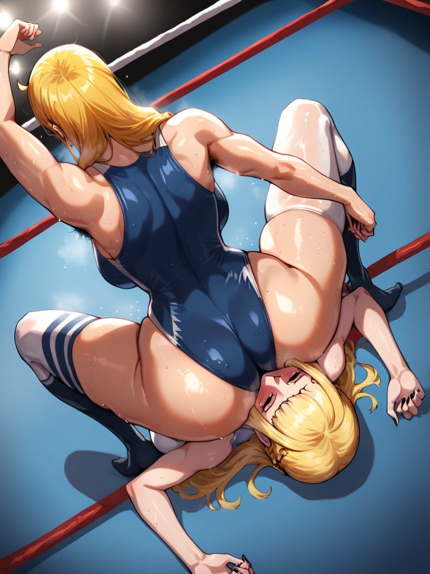 Wrestling Ring, Girlbloned Long Hair, Chaussettes Montant Jusqu'à La CuissePorno IA