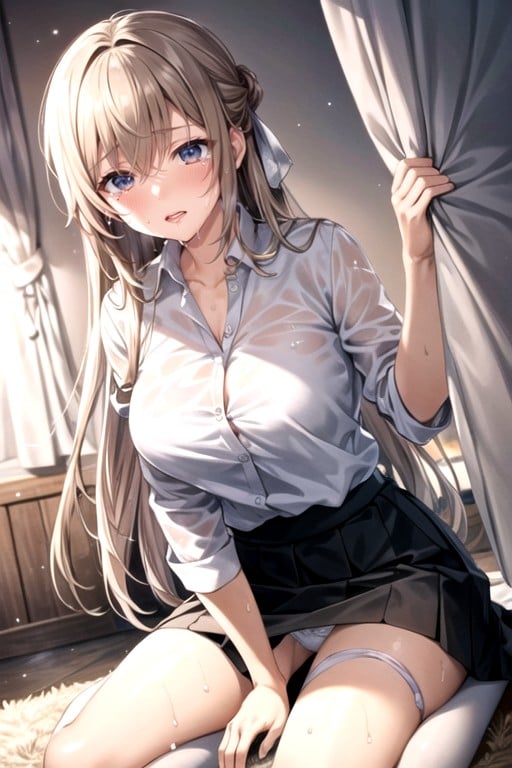 Curtains, Sweat, Blur Background Hentai AI Porn
