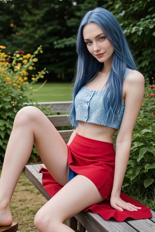 Blue Eyes, Red Skirt, Blue Hair AI Porn