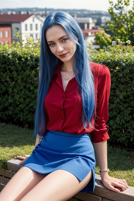 Red Skirt, Young Woman, Long Blue HairAI黃片