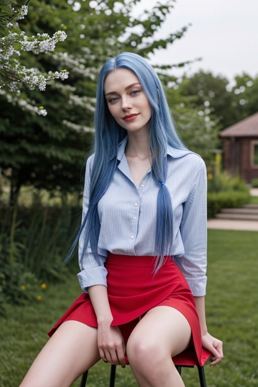 Elastic Ass, Red Pencil Skirt, Blue HairPorno AI