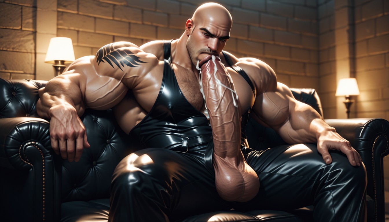Sitting On A Luxurious Leather Sofa, Gigantic Muscles, Enormous Bodybuilders AI Gay Porn