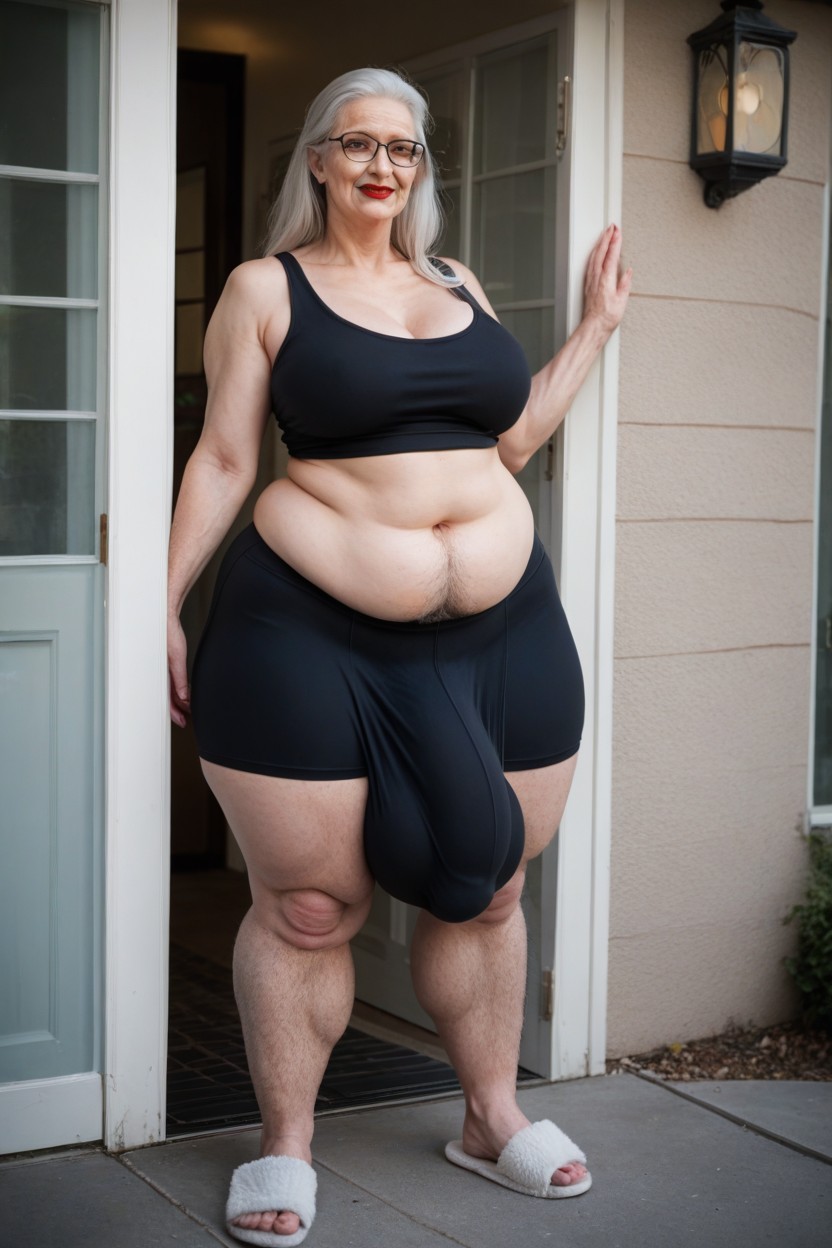 Standing Outside Front Door, White Hair, Tank Top Shemale AI Porn