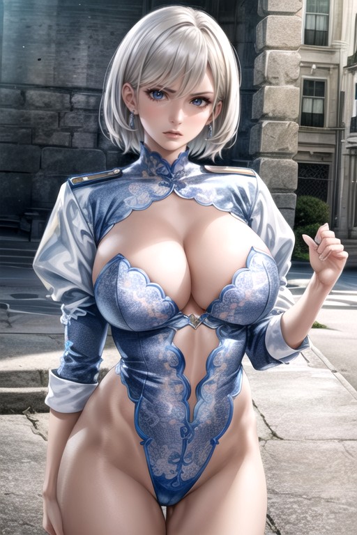 60+, Hilde Schmittendorf Rising Cop Uniform Bob Haircut White Hair, Peito Médio Hentai IA pornografia