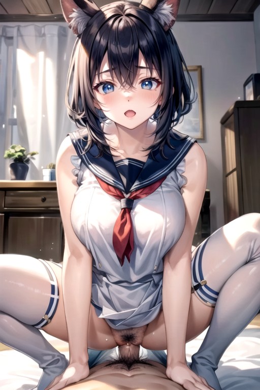 Meias Altas Até A Coxa, Cabelo Azul, Uniforme De Marinheiro Hentai IA pornografia