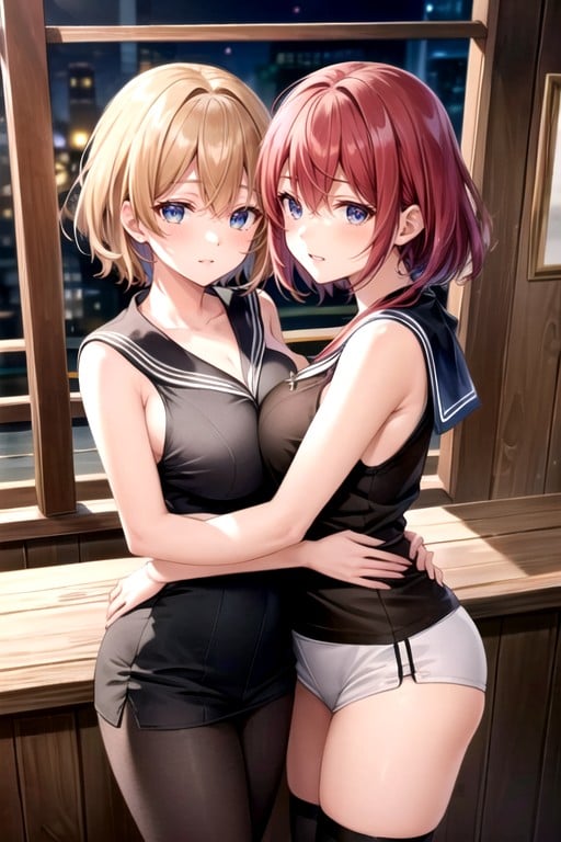 Sleeveless T-shirt, Red Hair, Girls Hugging Hentai AI Porn