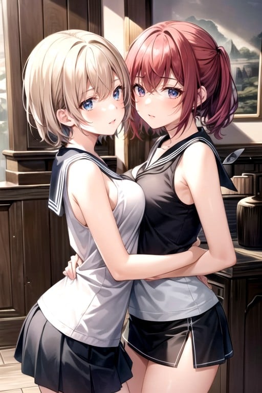 Girls Hugging, Very Short Hair, Red Hair Hentai AI Porn