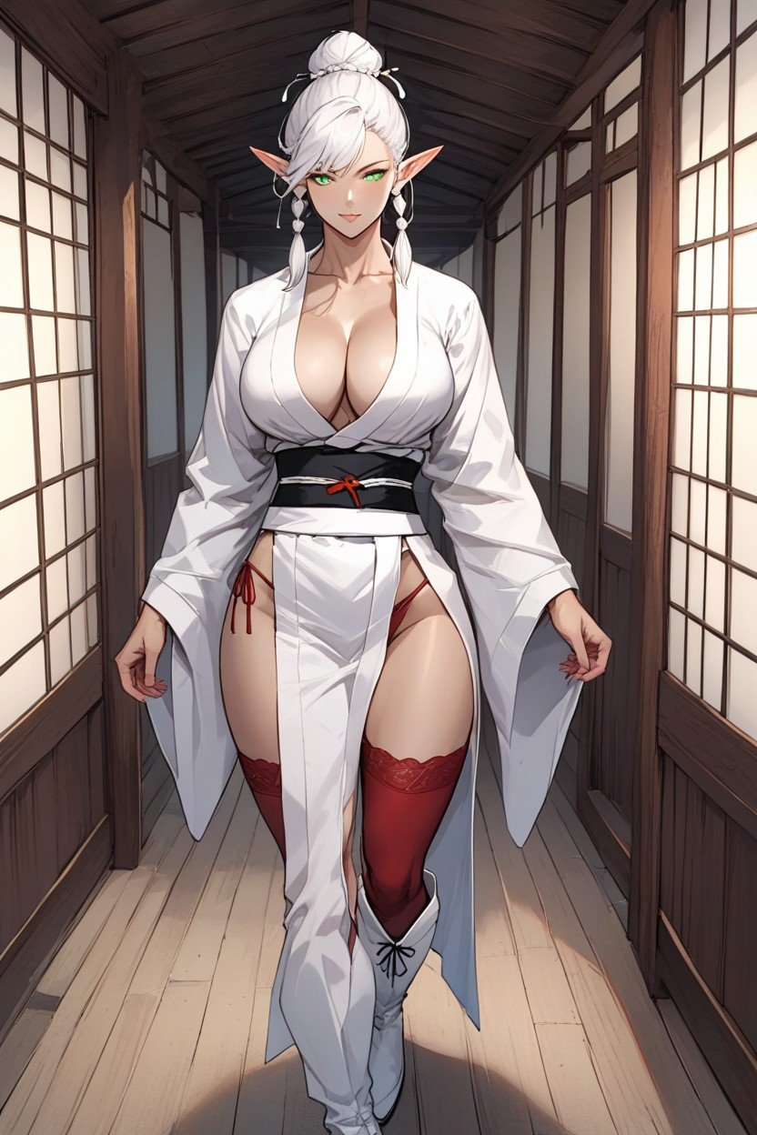 正面視圖, Red Thigh High Stockings, Cleavage At The BustAI黃漫